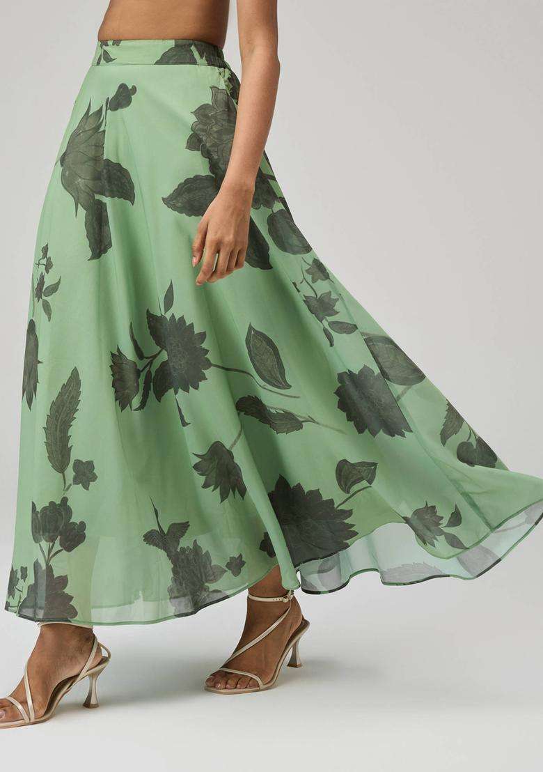 Olive Georgette Floral Print Bias Skirt for Women Festive Wear - Indya