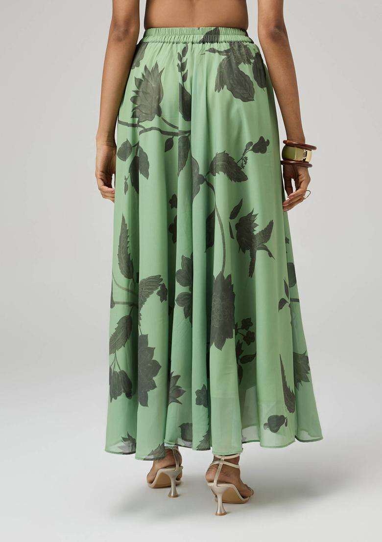 Olive Georgette Floral Print Bias Skirt for Women Festive Wear - Indya