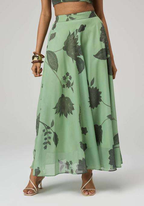 Olive Georgette Floral Print Bias Skirt for Women Festive Wear