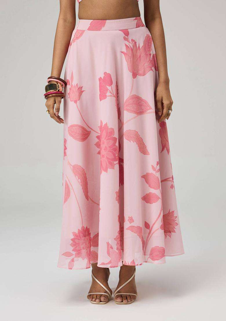 Pink Georgette Floral Print Bias Skirt for Women Festive Wear - Indya