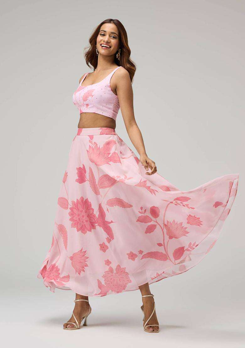 Pink Georgette Floral Print Bias Skirt for Women Festive Wear - Indya