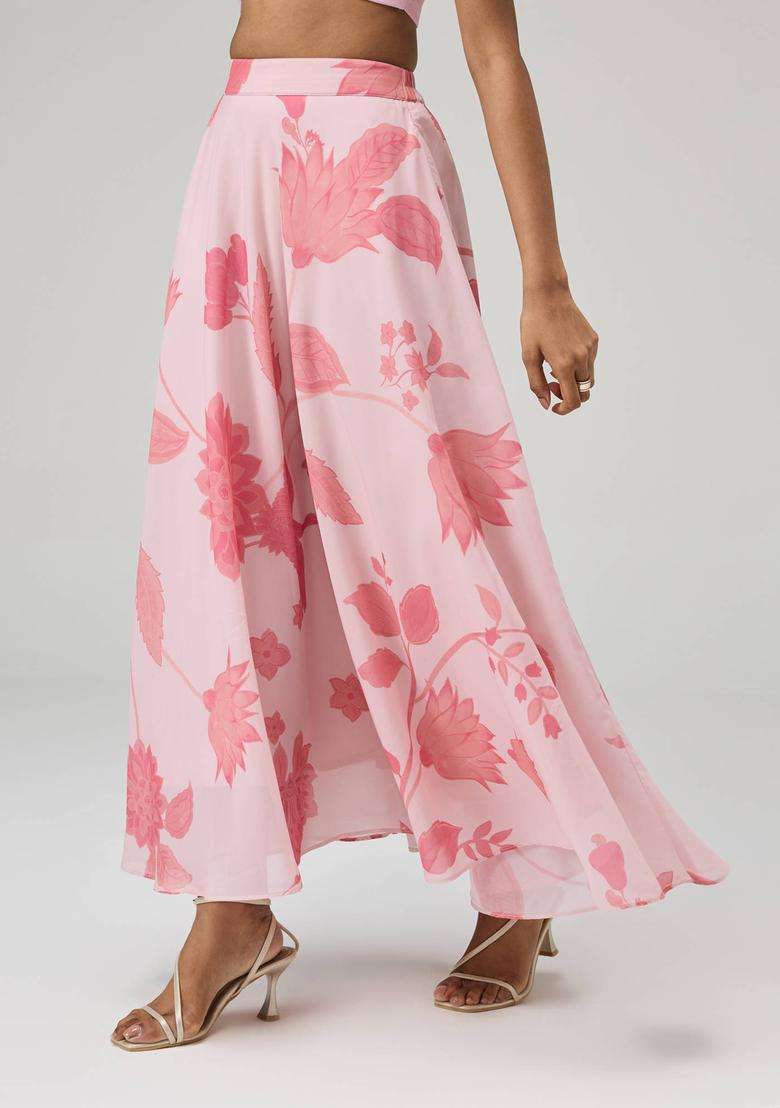 Pink Georgette Floral Print Bias Skirt for Women Festive Wear - Indya