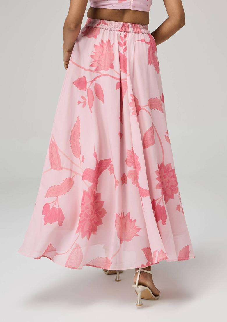 Pink Georgette Floral Print Bias Skirt for Women Festive Wear - Indya