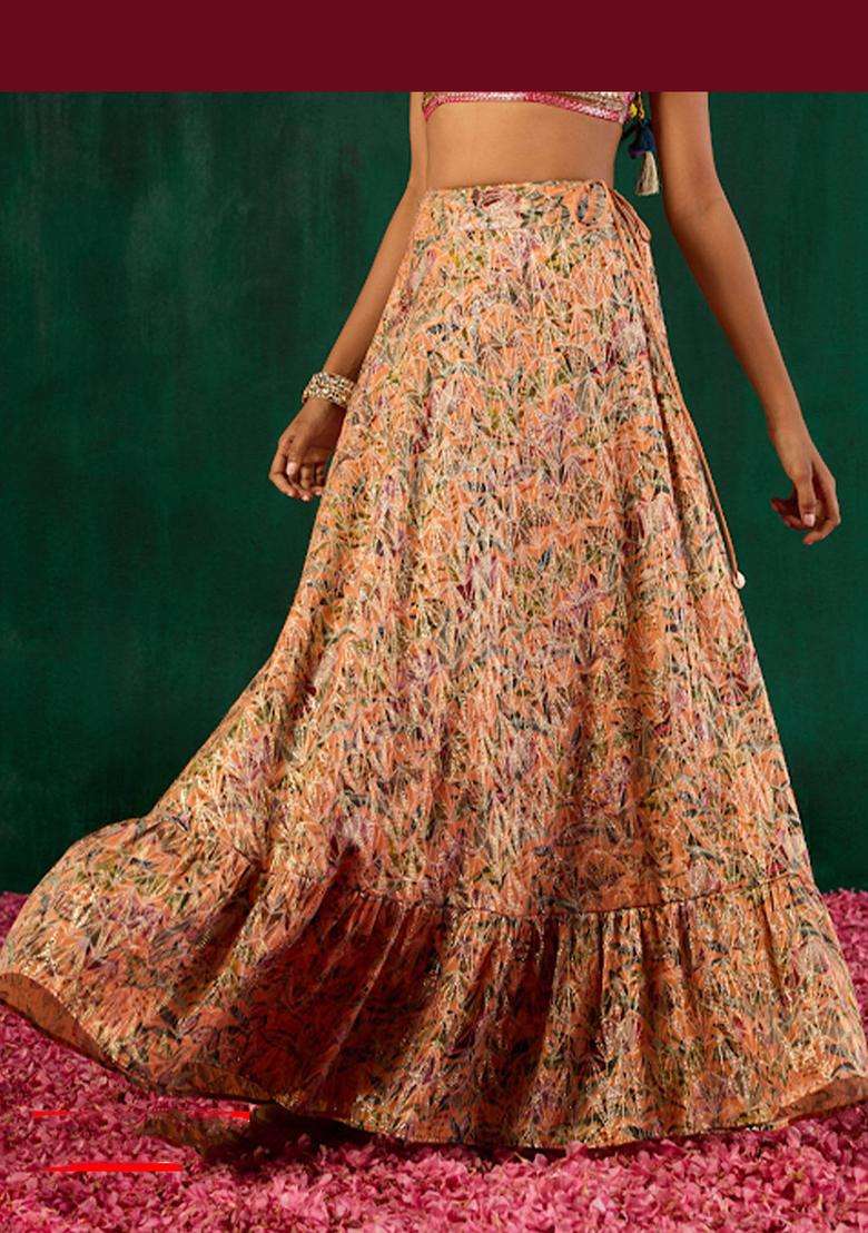 Orange Printed Tiered Ethnic Skirt for Women Festive Wear - Indya
