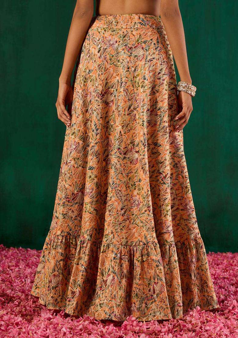 Orange Printed Tiered Ethnic Skirt for Women Festive Wear - Indya