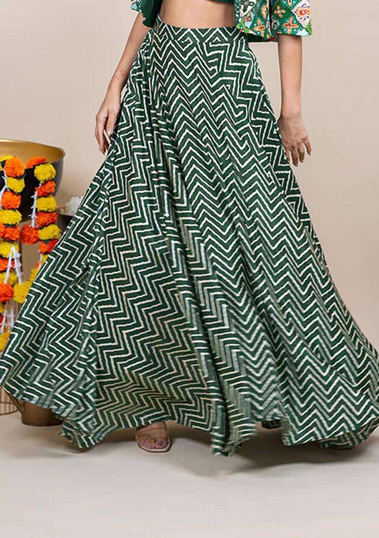 Green Printed Ethnic Skirt for Women Festive Wear - Indya