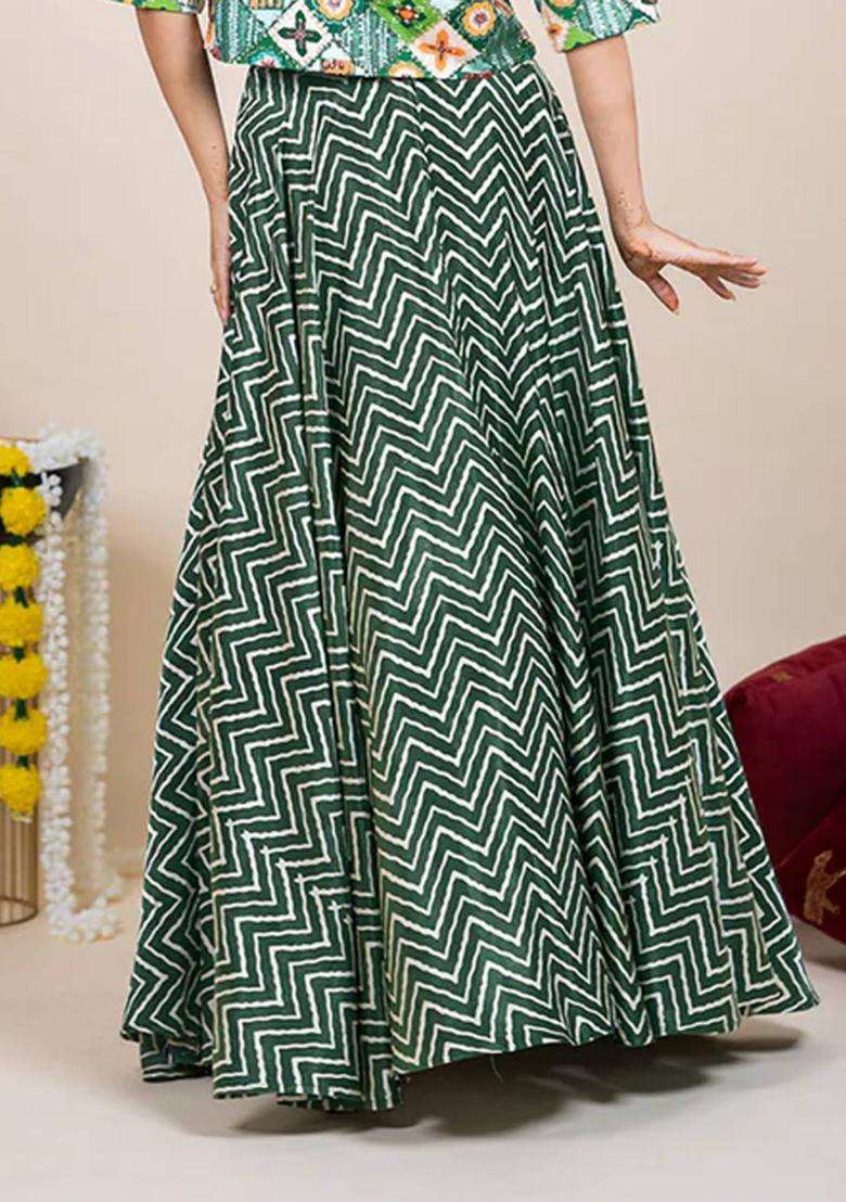 Green Silk Printed Ethnic Skirt for Women Festive Wear - Indya