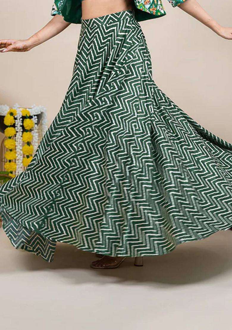 Green Silk Printed Ethnic Skirt for Women Festive Wear - Indya