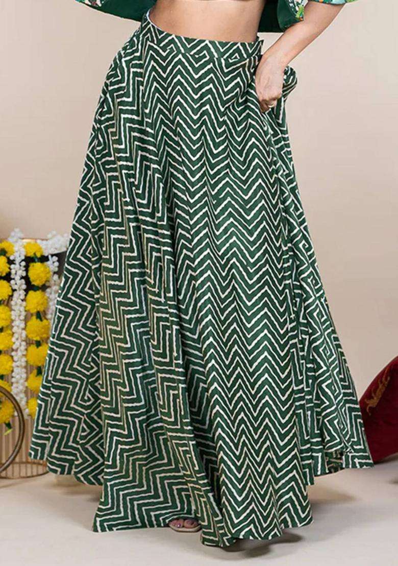 Green Silk Printed Ethnic Skirt for Women Festive Wear - Indya