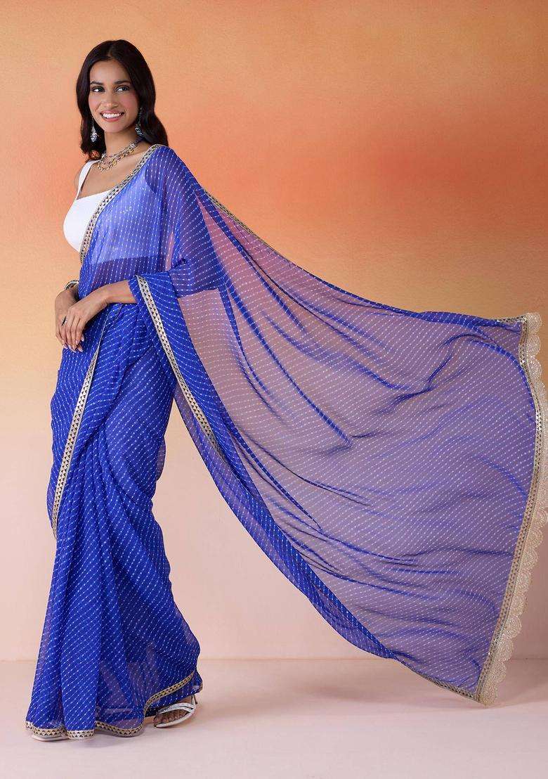 Navy Blue Leheriya Printed Georgette Saree for Women Fusion Wear - Indya