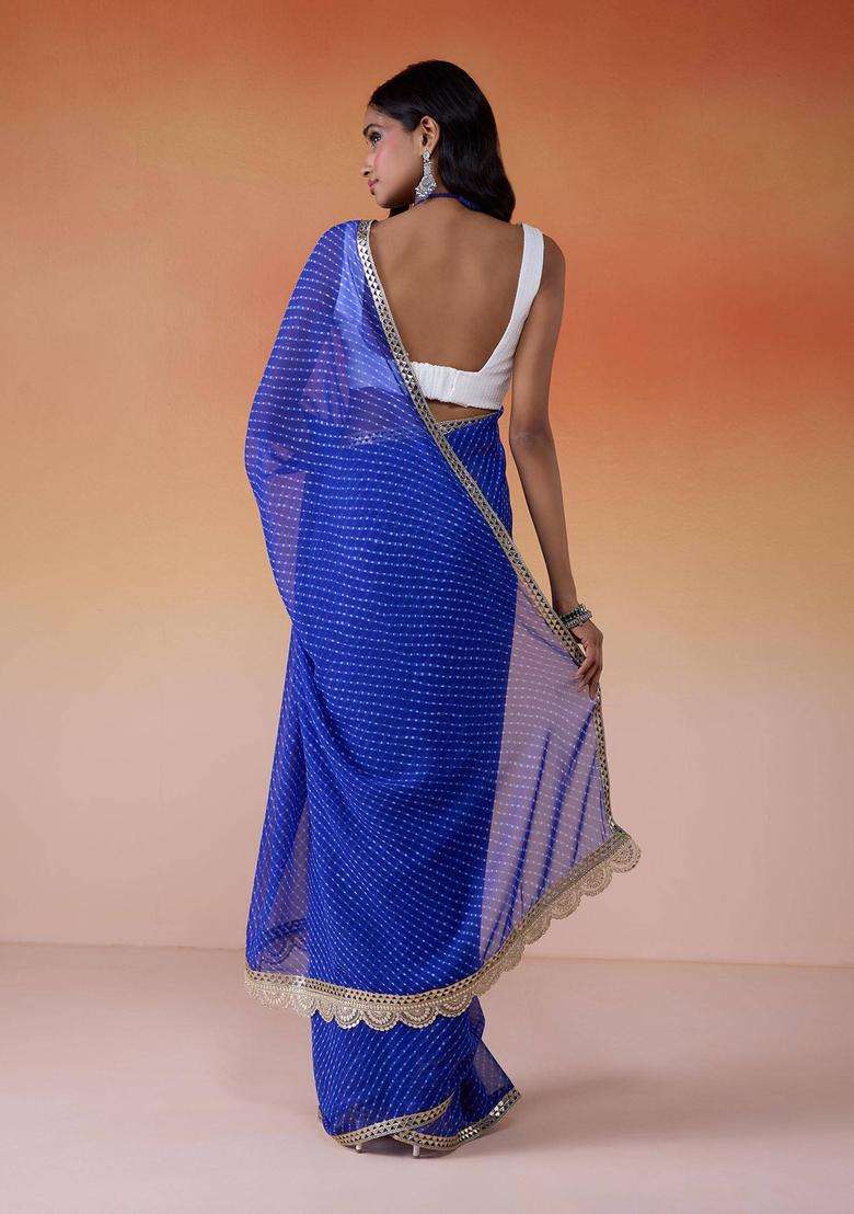 Navy Blue Leheriya Printed Georgette Saree for Women Fusion Wear - Indya