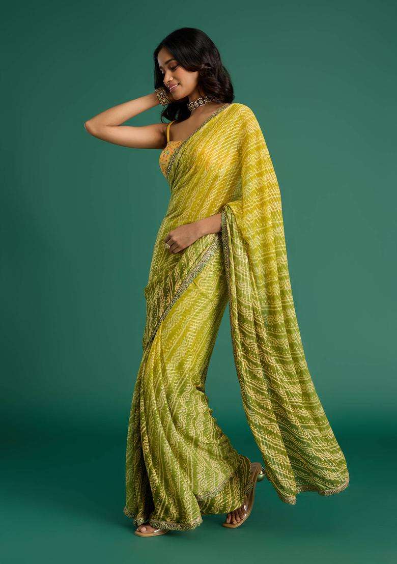 Global Gypsy Bandhani Print and Diamond Yellow Saree with Unstitched Blouse for Women Festive Wear - Indya
