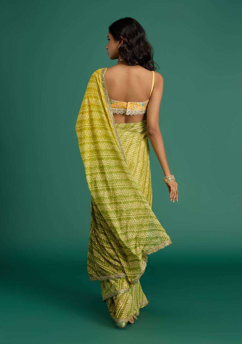 Global Gypsy Bandhani Print and Diamond Yellow Saree with Unstitched Blouse for Women Festive Wear - Indya