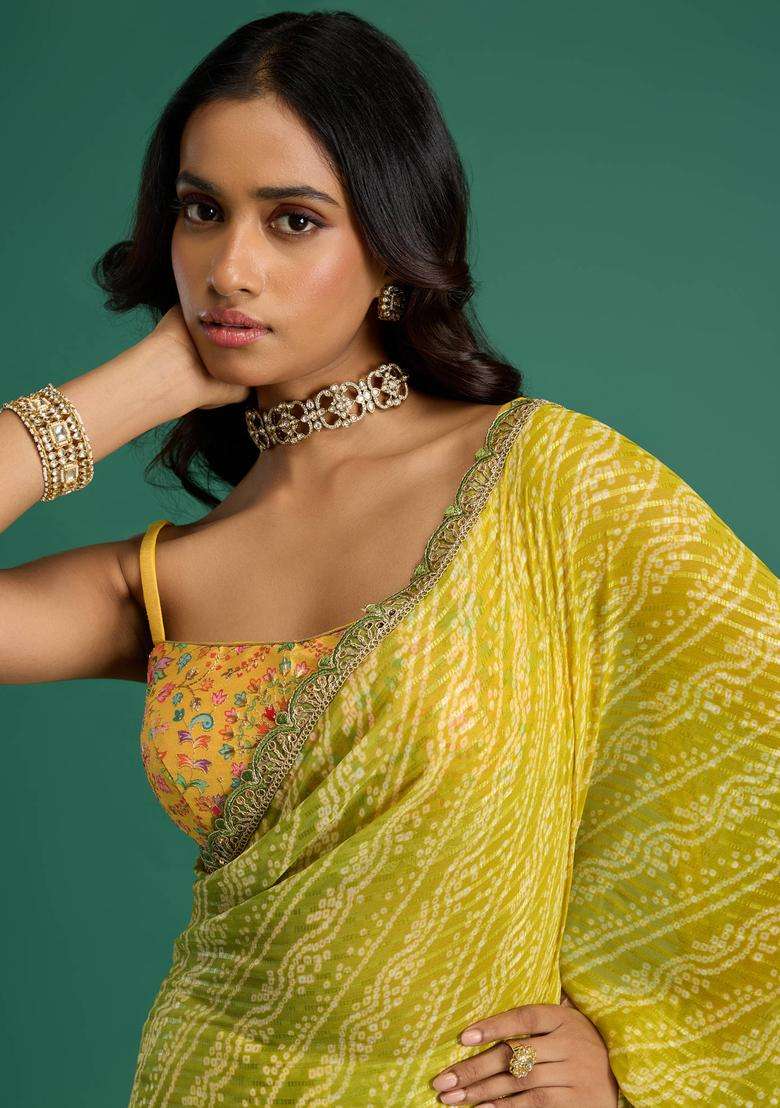 Global Gypsy Bandhani Print and Diamond Yellow Saree with Unstitched Blouse for Women Festive Wear - Indya