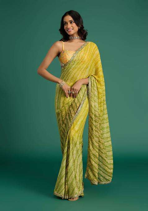 Global Gypsy Bandhani Print and Diamond Yellow Saree with Unstitched Blouse for Women Festive Wear