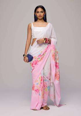 Off White Georgette Floral Print Saree with Unstitched Blouse for Women Festive Wear