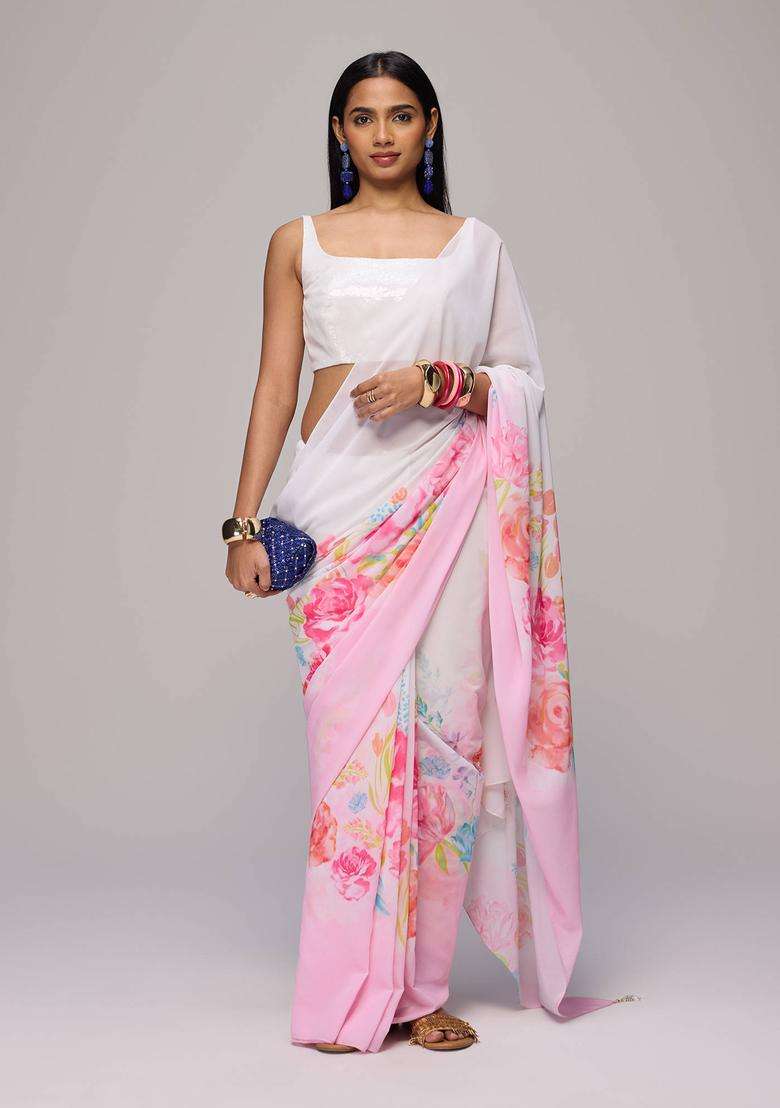 Off White Georgette Floral Print Saree with Unstitched Blouse for Women Festive Wear - Indya