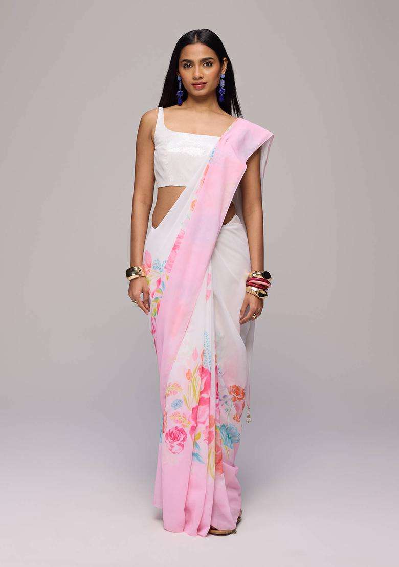 Off White Georgette Floral Print Saree with Unstitched Blouse for Women Festive Wear - Indya