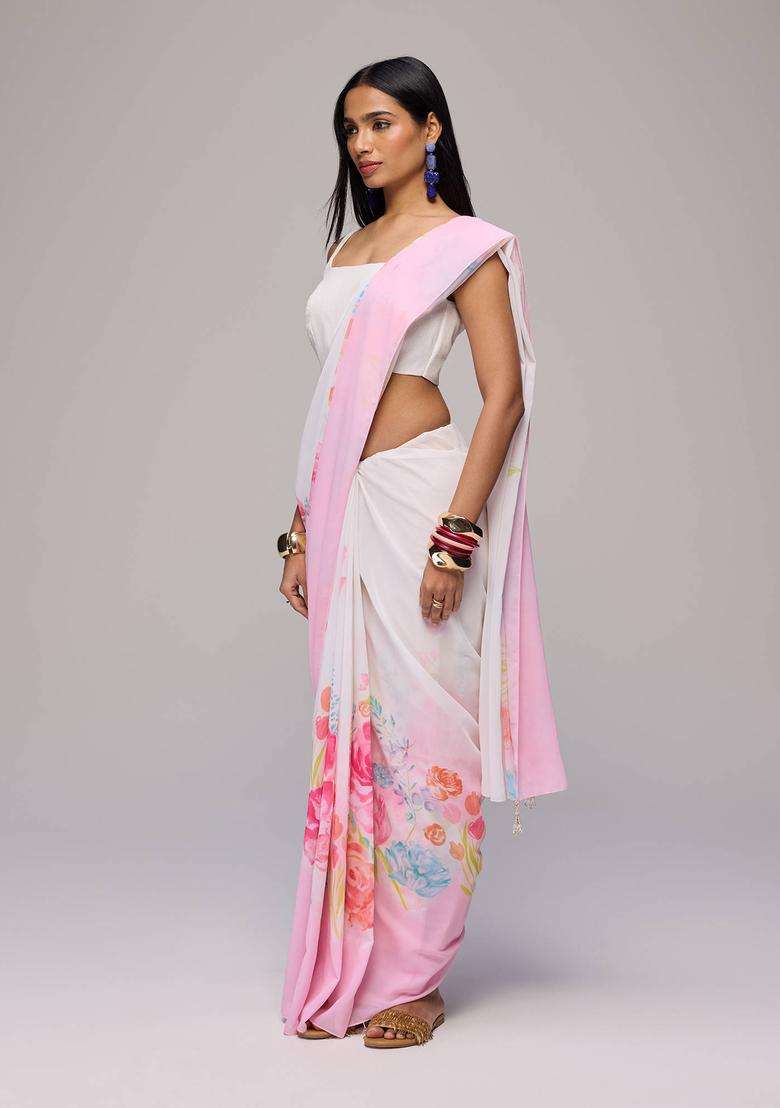 Off White Georgette Floral Print Saree with Unstitched Blouse for Women Festive Wear - Indya