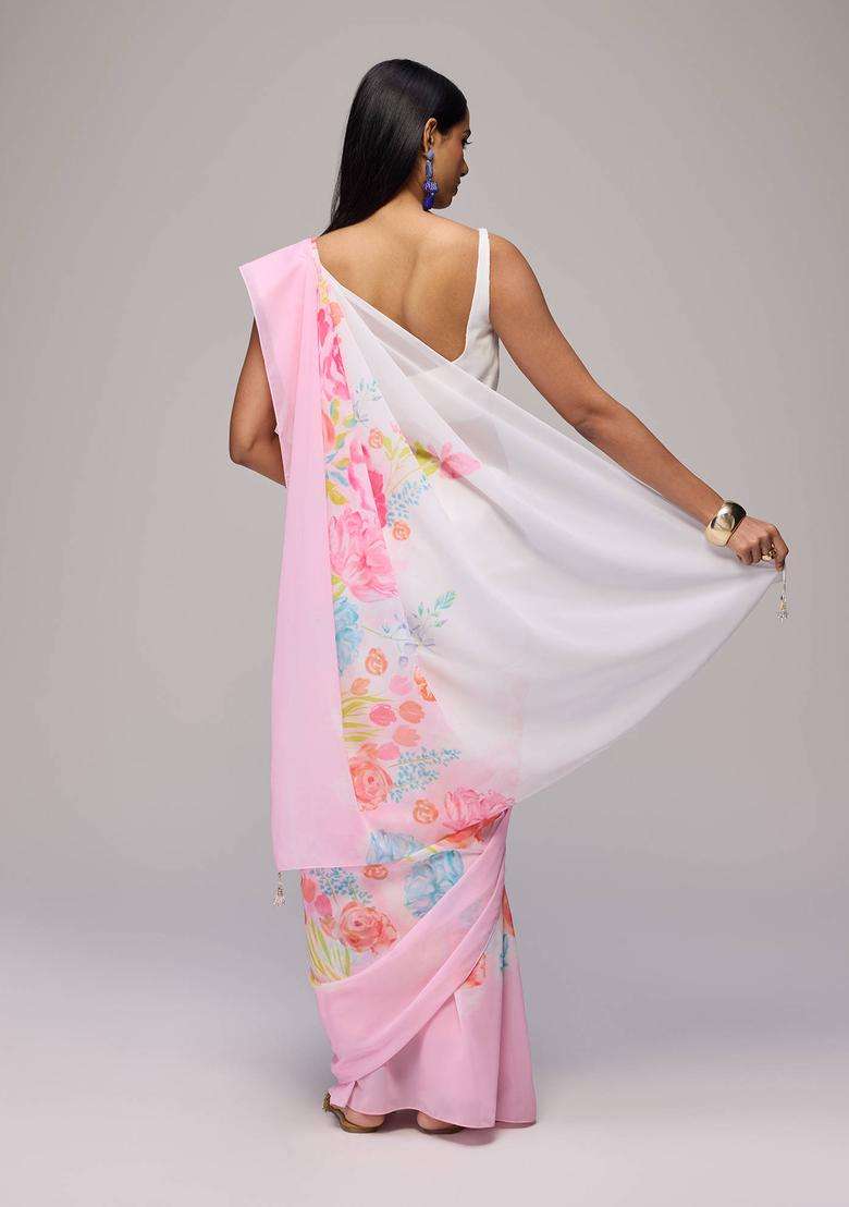 Off White Georgette Floral Print Saree with Unstitched Blouse for Women Festive Wear - Indya
