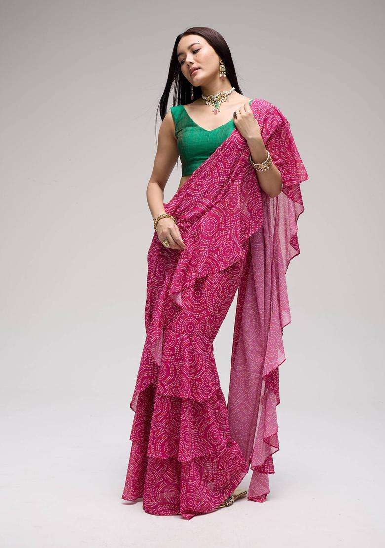 Pink Georgette Bandhani Ruffle Saree for Women Fusion Wear - Indya