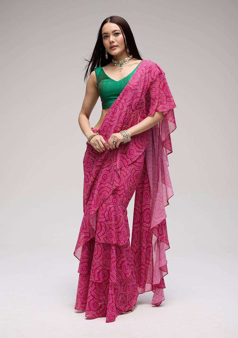 Pink Georgette Bandhani Ruffle Saree for Women Fusion Wear - Indya