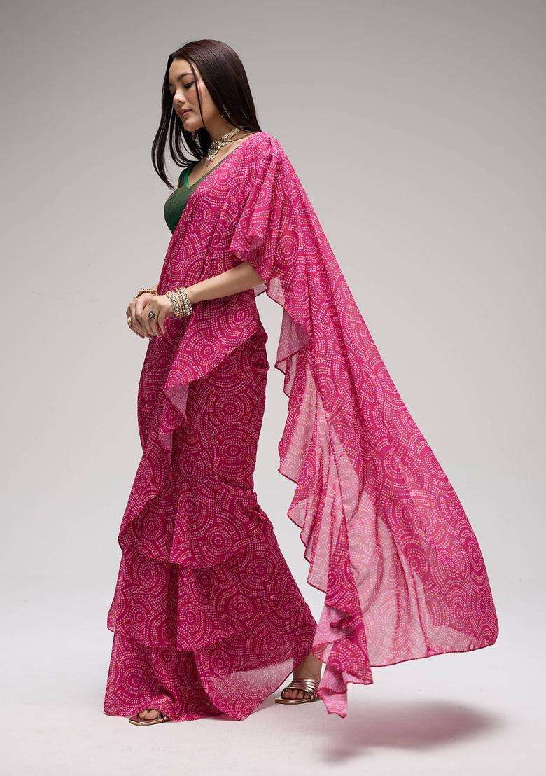 Pink Georgette Bandhani Ruffle Saree for Women Fusion Wear - Indya