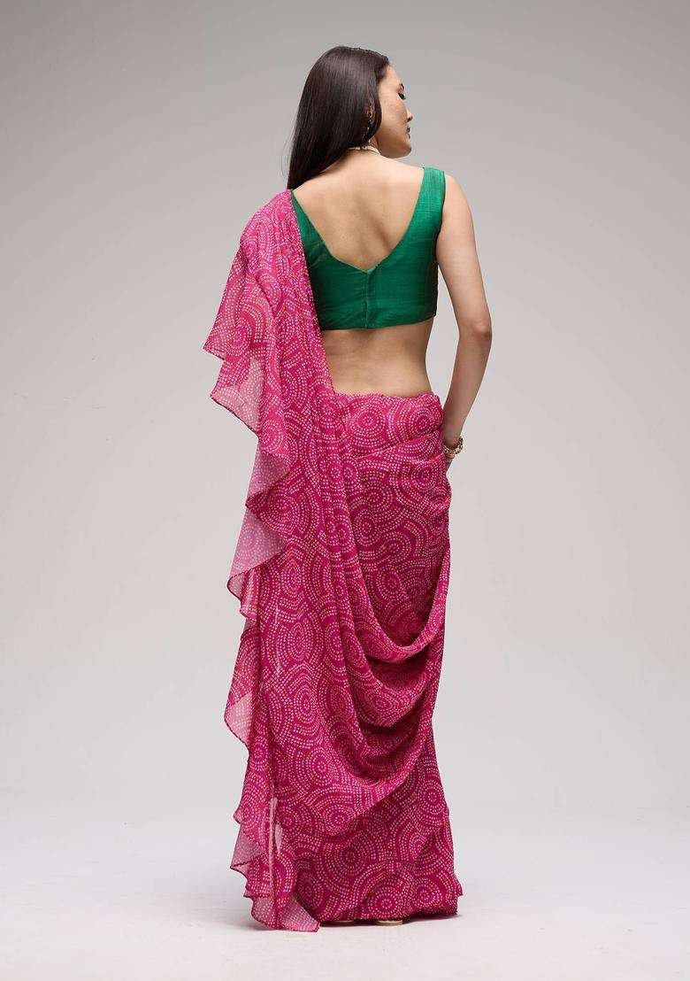 Pink Georgette Bandhani Ruffle Saree for Women Fusion Wear - Indya