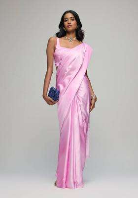 Pink Satin Ombre Floral Print Saree with Unstitched Blouse for Women Party Wear