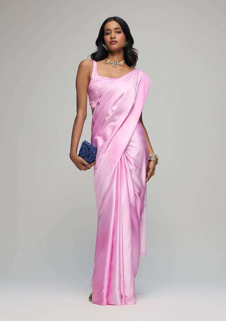 Pink Satin Ombre Floral Print Saree with Unstitched Blouse for Women Party Wear - Indya