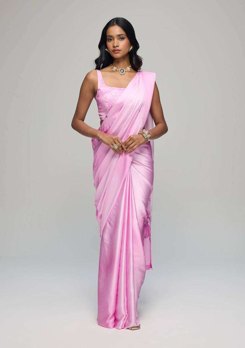Pink Satin Ombre Floral Print Saree with Unstitched Blouse for Women Party Wear - Indya