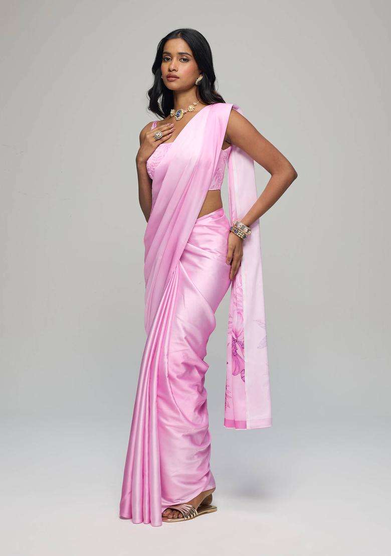 Pink Satin Ombre Floral Print Saree with Unstitched Blouse for Women Party Wear - Indya