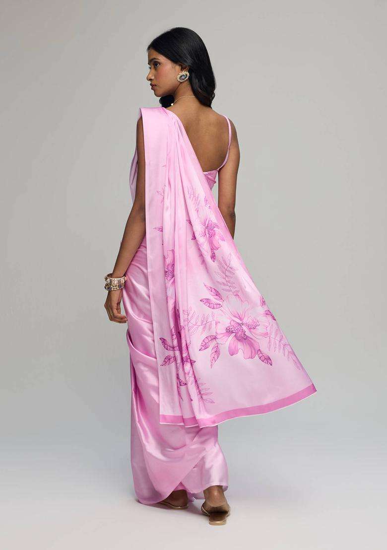 Pink Satin Ombre Floral Print Saree with Unstitched Blouse for Women Party Wear - Indya