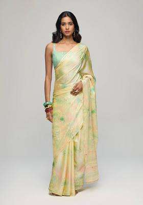 Pista Green Chiffon Floral Print Saree with Unstitched Blouse for Women Festive Wear