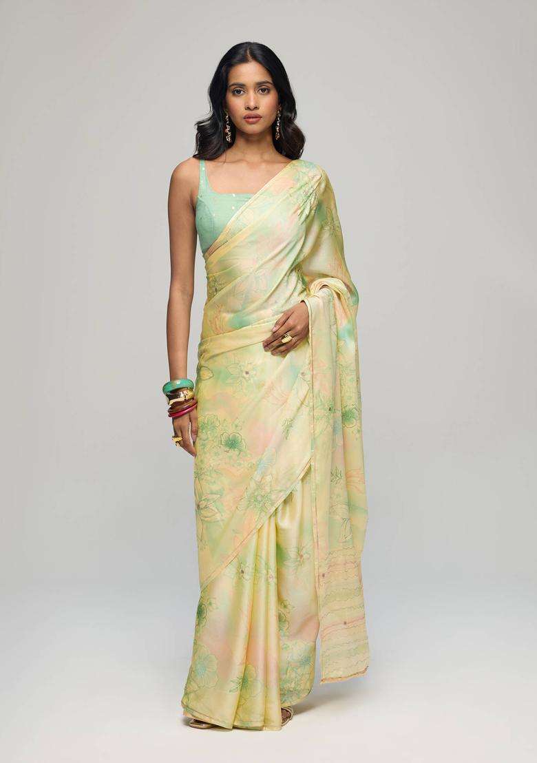 Pista Green Chiffon Floral Print Saree with Unstitched Blouse for Women Festive Wear - Indya