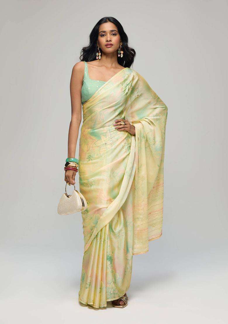 Pista Green Chiffon Floral Print Saree with Unstitched Blouse for Women Festive Wear - Indya
