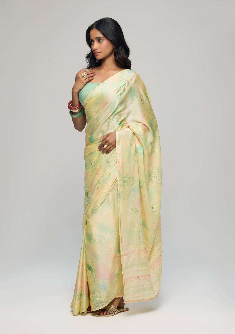 Pista Green Chiffon Floral Print Saree with Unstitched Blouse for Women Festive Wear - Indya