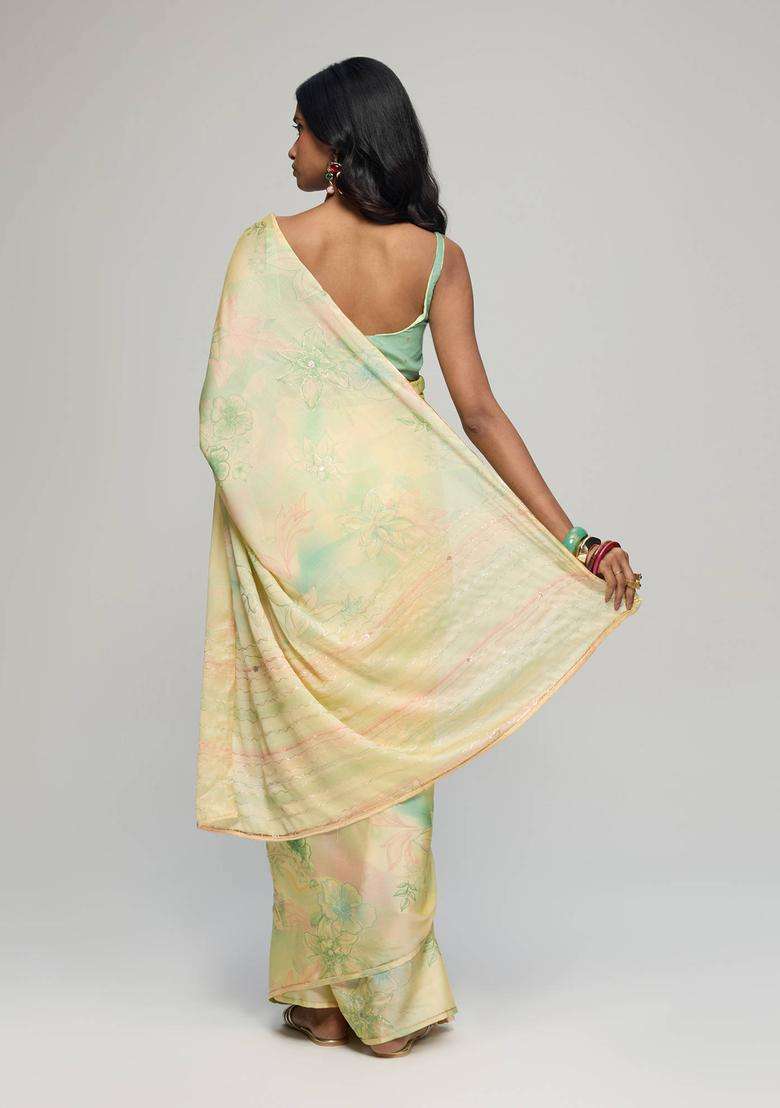 Pista Green Chiffon Floral Print Saree with Unstitched Blouse for Women Festive Wear - Indya