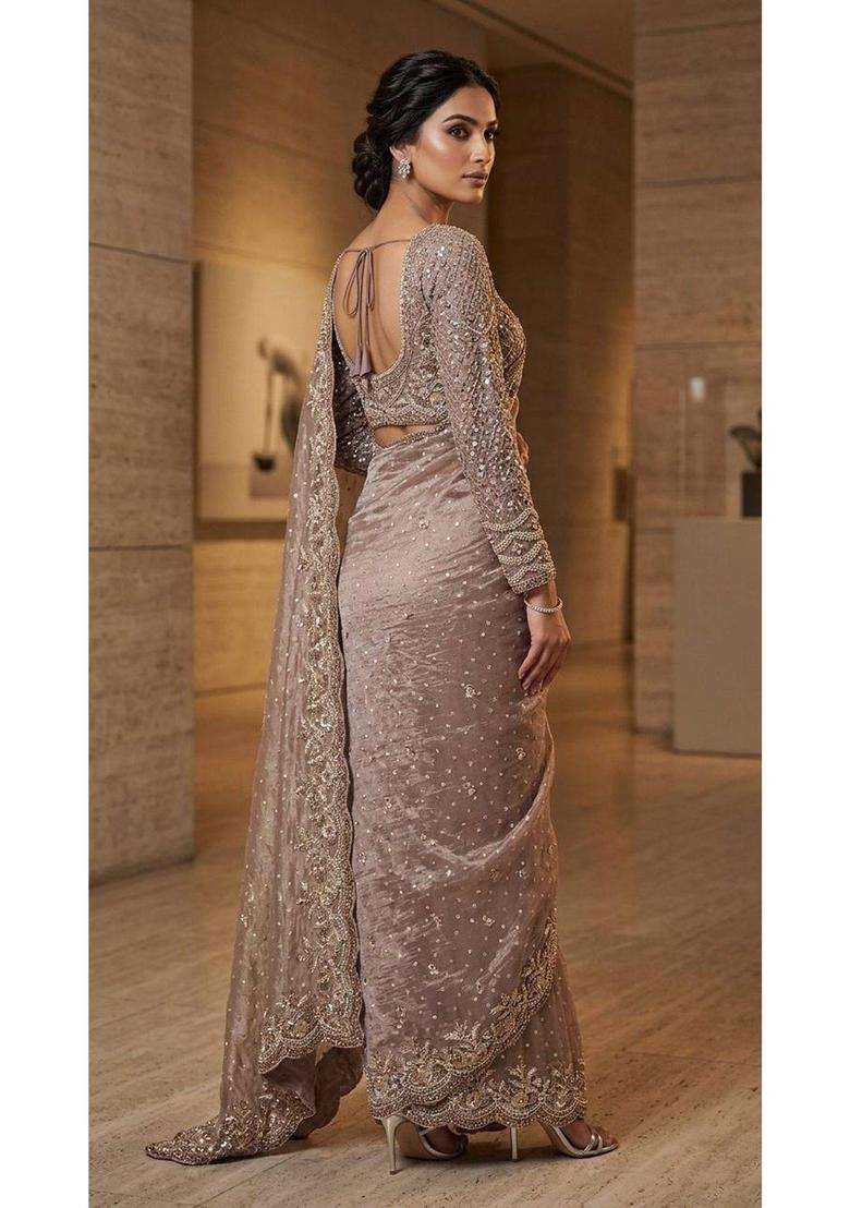 Peach Premium Radiance Heavy Embroidered Saree for Women Party Wear - Indya