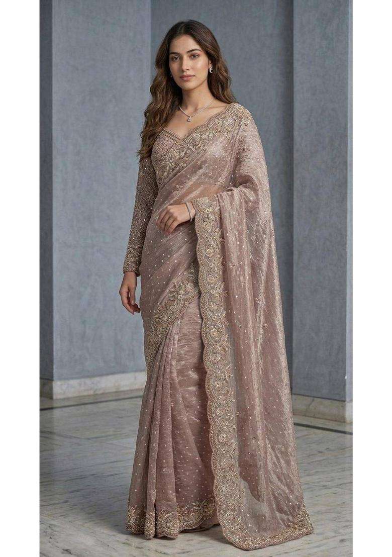Peach Premium Radiance Heavy Embroidered Saree for Women Party Wear - Indya