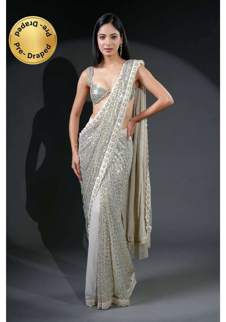 Silver Ready to Wear Premium Luxe Sequin Infused Saree with Designer Unstitched Blouse for Women Festive Wear - Indya