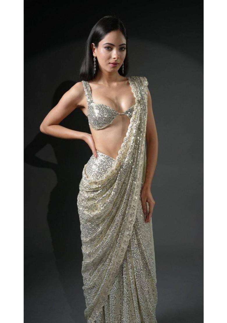 Silver Ready to Wear Premium Luxe Sequin Infused Saree with Designer Unstitched Blouse for Women Festive Wear - Indya