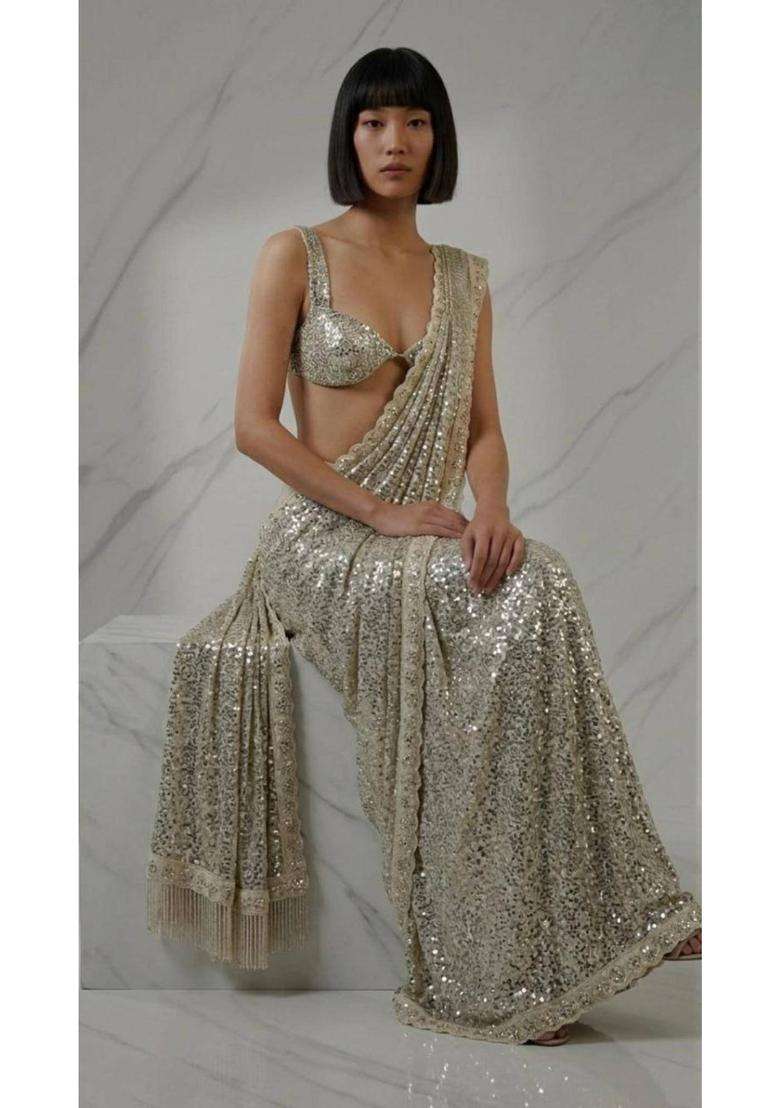 Silver Ready to Wear Premium Luxe Sequin Infused Saree with Designer Unstitched Blouse for Women Festive Wear - Indya