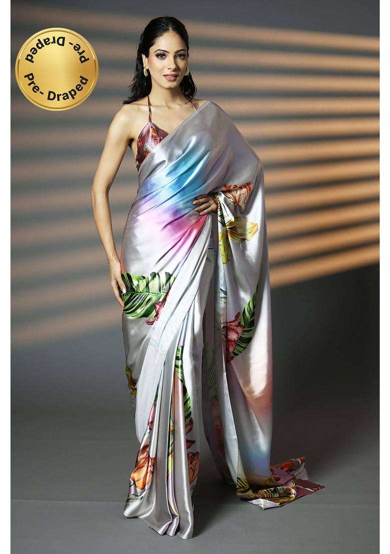 Ready to Wear Silver Dreamy Digital Print Satin Saree with Unstitched Blouse for Women Party Wear - Indya