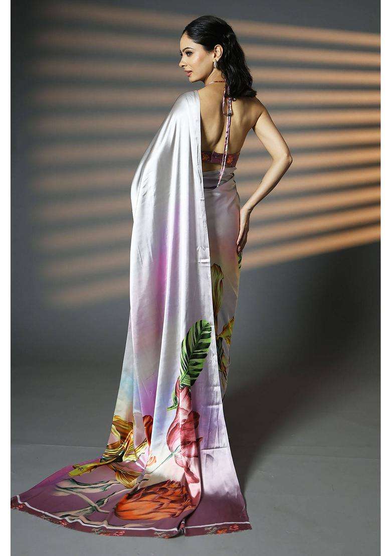 Ready to Wear Silver Dreamy Digital Print Satin Saree with Unstitched Blouse for Women Party Wear - Indya