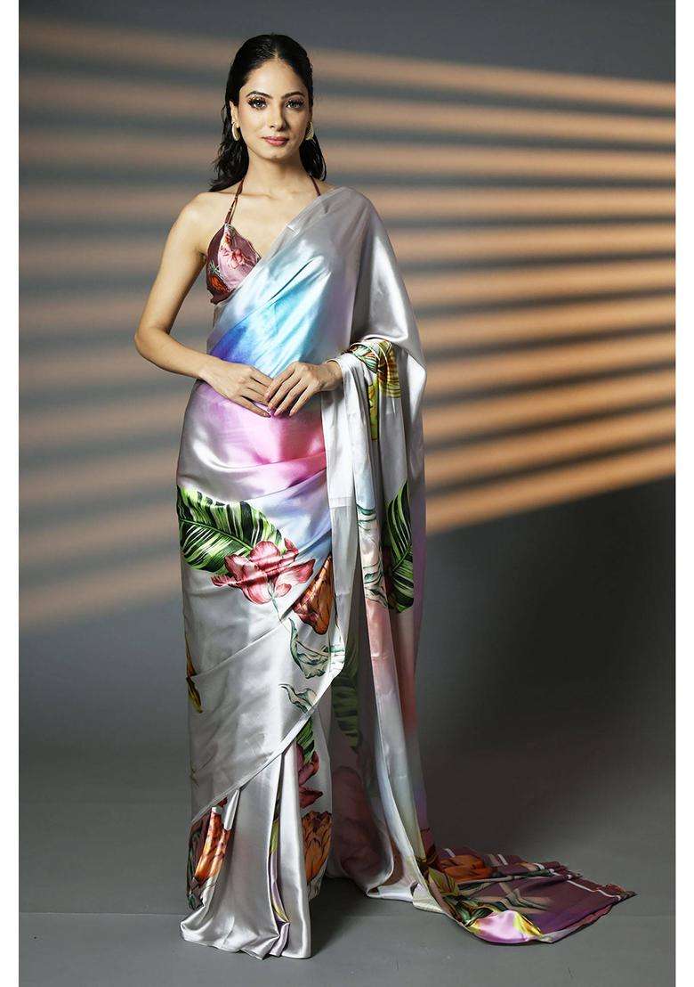 Ready to Wear Silver Dreamy Digital Print Satin Saree with Unstitched Blouse for Women Party Wear - Indya