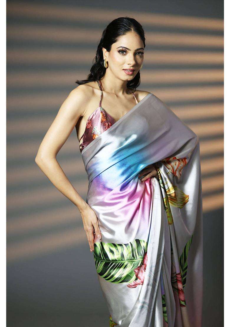 Ready to Wear Silver Dreamy Digital Print Satin Saree with Unstitched Blouse for Women Party Wear - Indya