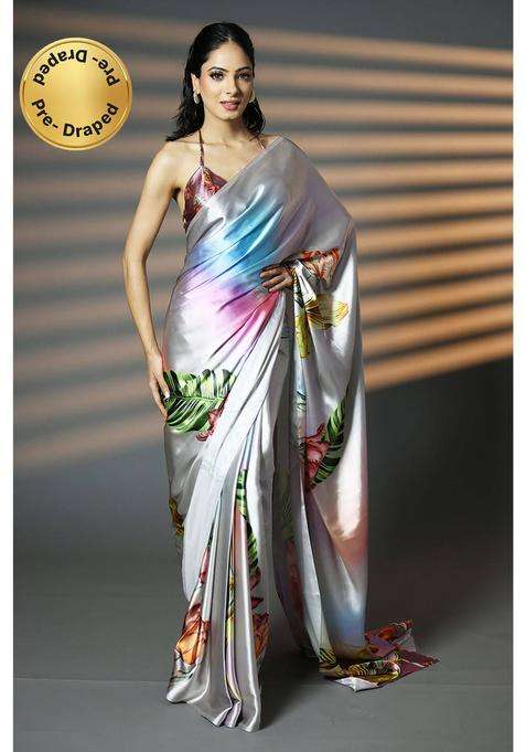 Ready to Wear Silver Dreamy Digital Print Satin Saree with Unstitched Blouse for Women Party Wear
