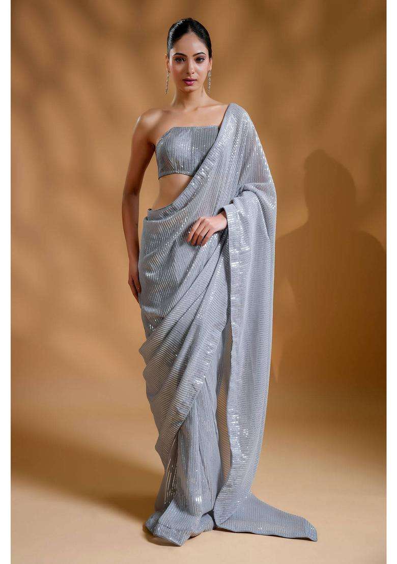 Silver Ready to Wear Twinkling Luxe Sequin Saree and Unstitched Blouse for Women Festive Wear - Indya