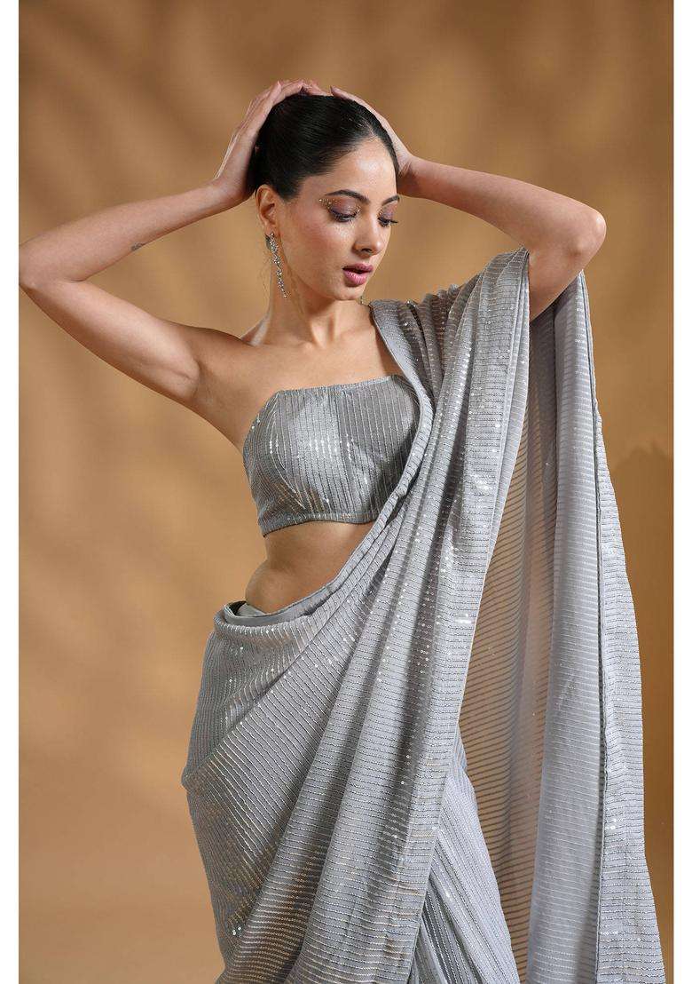 Silver Ready to Wear Twinkling Luxe Sequin Saree and Unstitched Blouse for Women Festive Wear - Indya